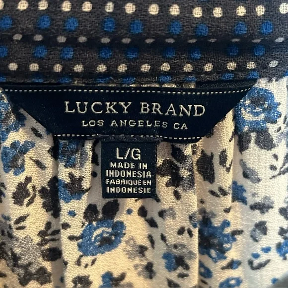 Lucky Brand Women's Floral Print 3/4 Sleeve Boho Blouse Tie Neck Blues Large - Picture 4 of 9